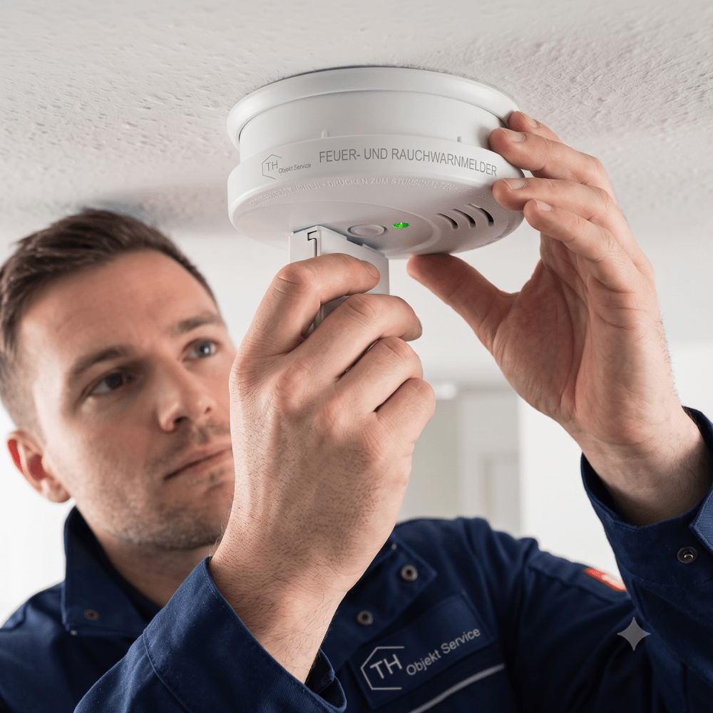 Technician installing a white smoke detector on the ceiling, hands attaching the device