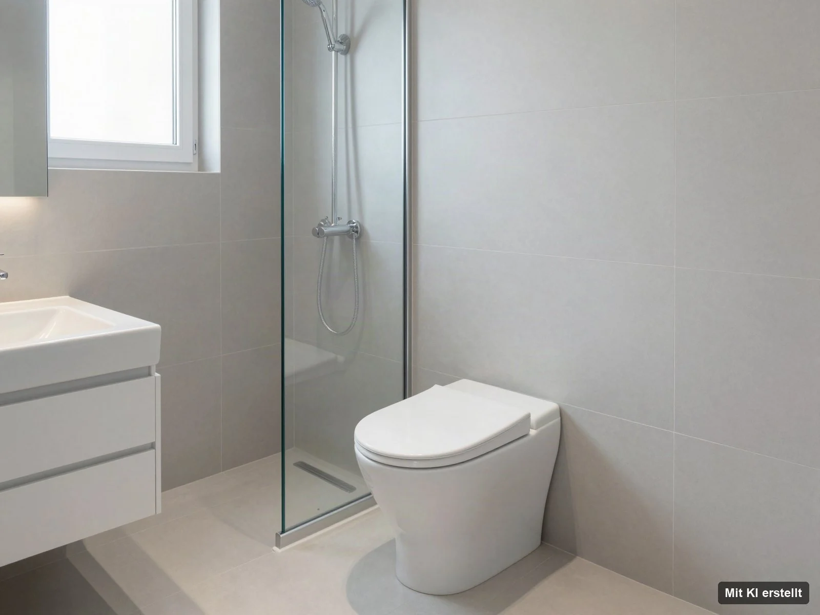 Frisch saniertes Badezimmer mit Walk-in-Dusche, wandhängendem WC und Waschtisch – Badsanierung in Delmenhorst (mit KI erstelltes Bild)