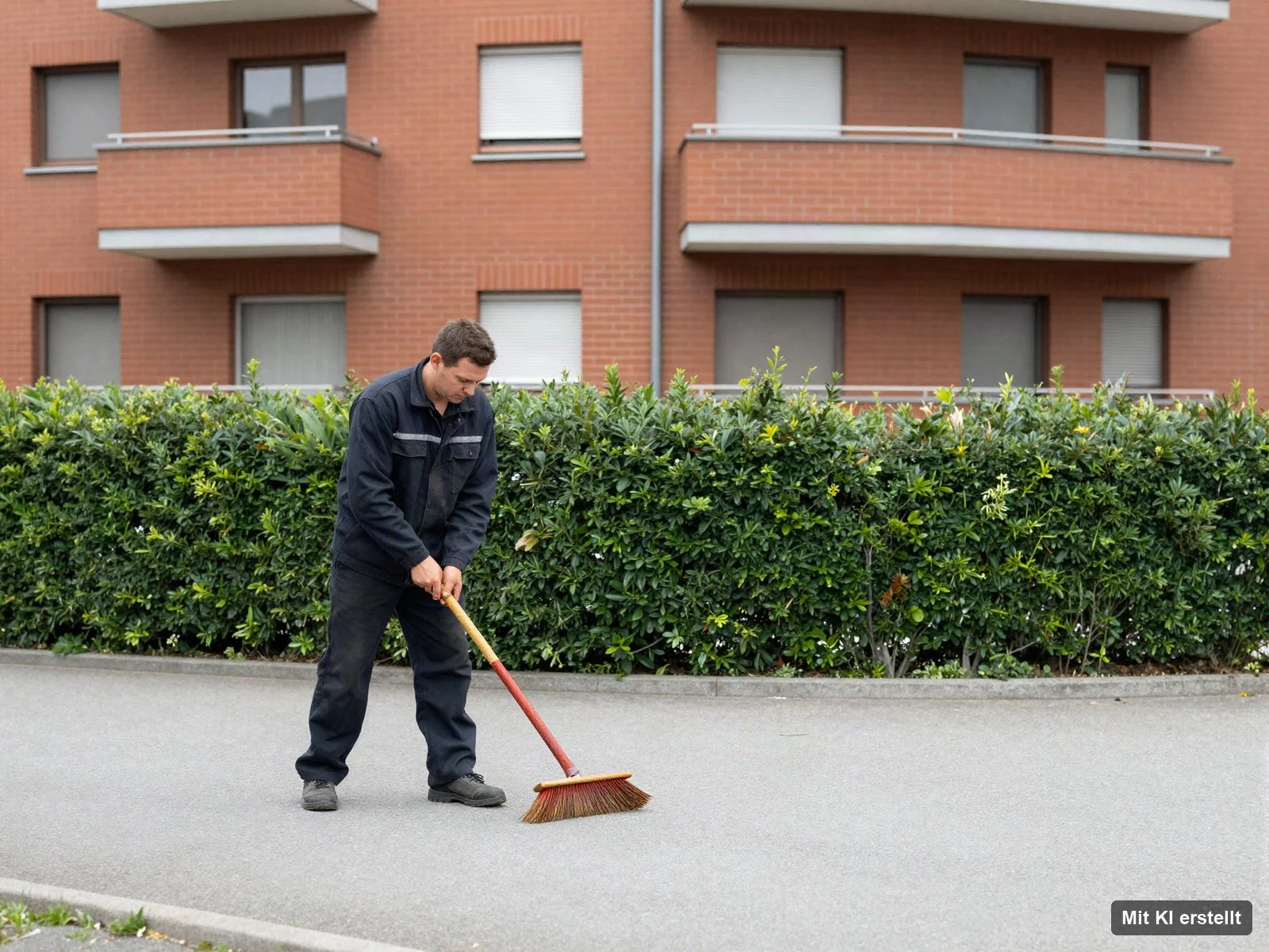 Hausmeister kehrt den Zuweg eines Mehrfamilienhauses – Objektservice in Delmenhorst (mit KI erstelltes Bild)
