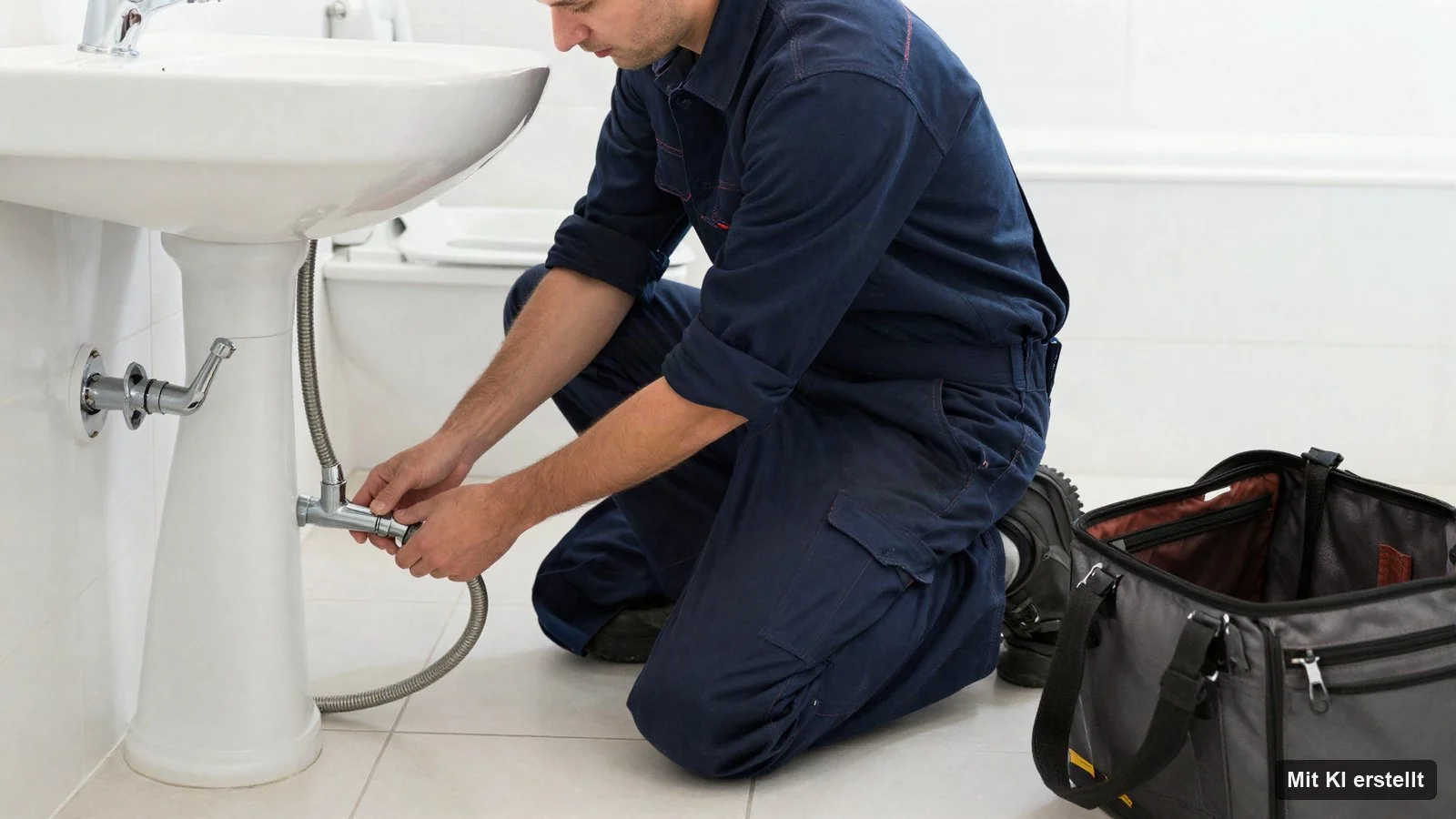 Sanitär Delmenhorst Monteur schließt eine Armatur unter einem Waschbecken an – DELME Sanitärtechnik, Delmenhorst (mit KI erstelltes Bild)