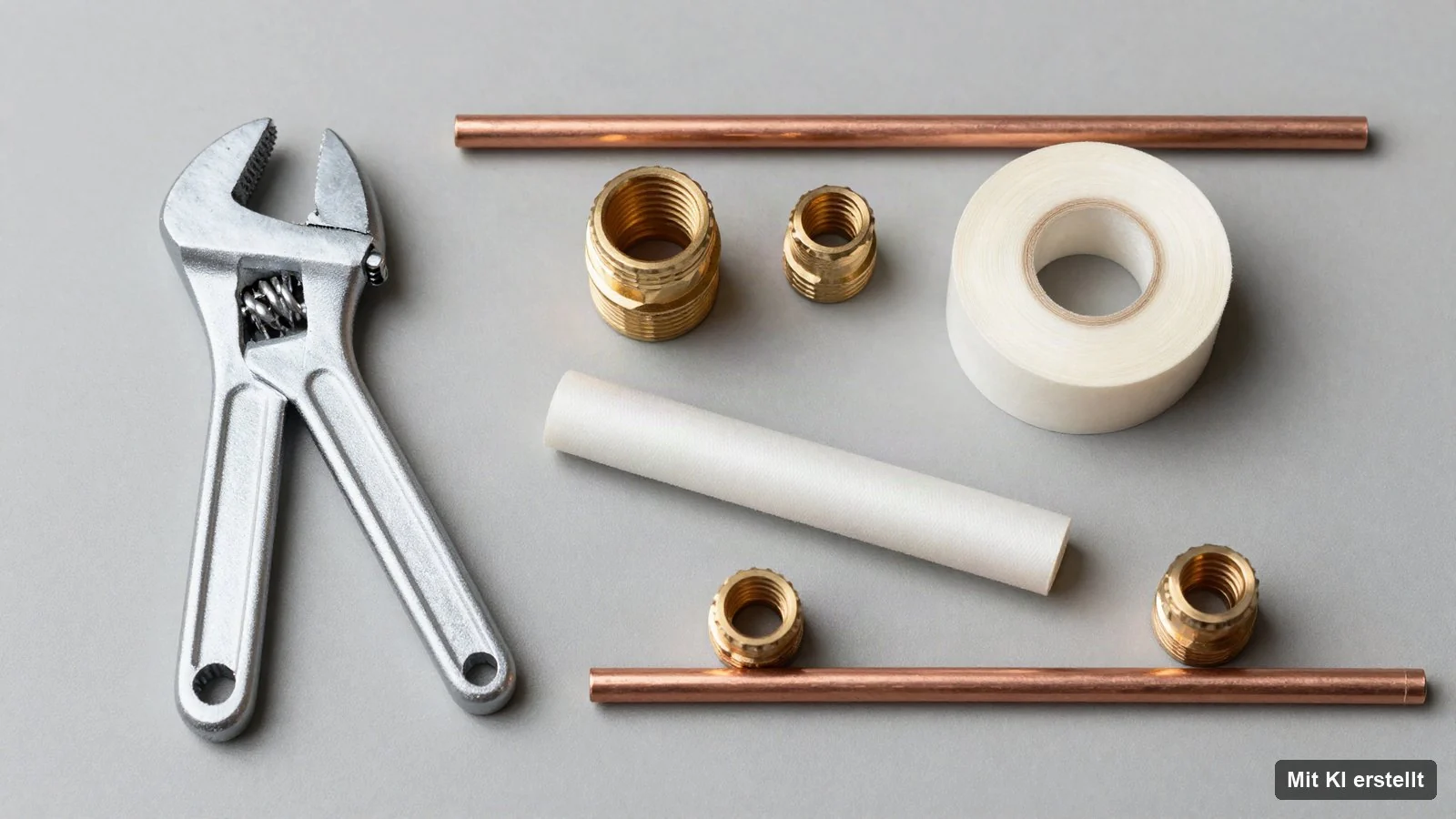 Sanitärwerkzeug Delmenhorst Rohrzange, Gewindeband und Messingfittings auf einer Werkbank – DELME Sanitärtechnik Delmenhorst (mit KI erstelltes Bild)