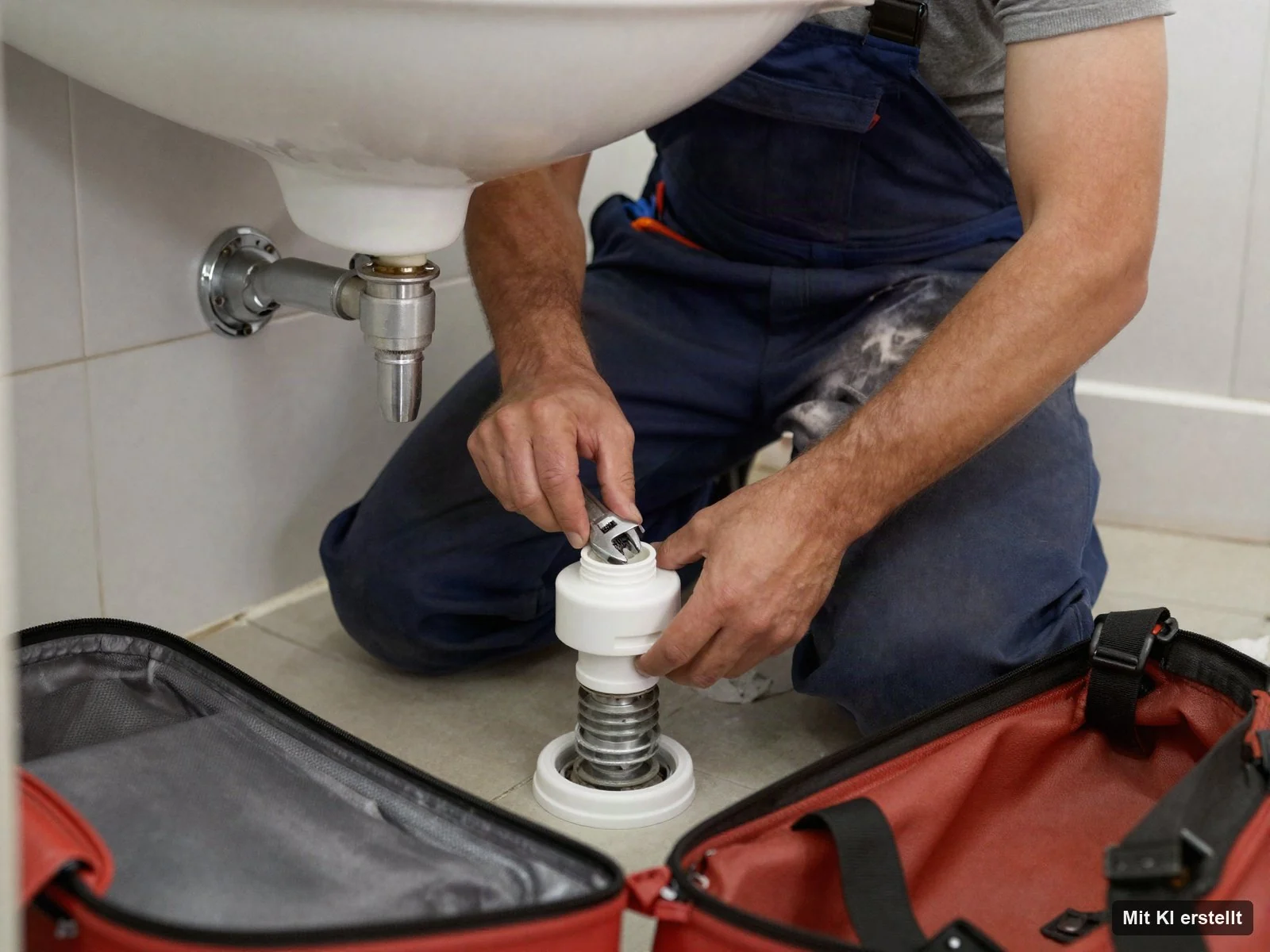 Monteur repariert den Siphon unter einem Waschbecken – Störungsdienst in Delmenhorst (mit KI erstelltes Bild)