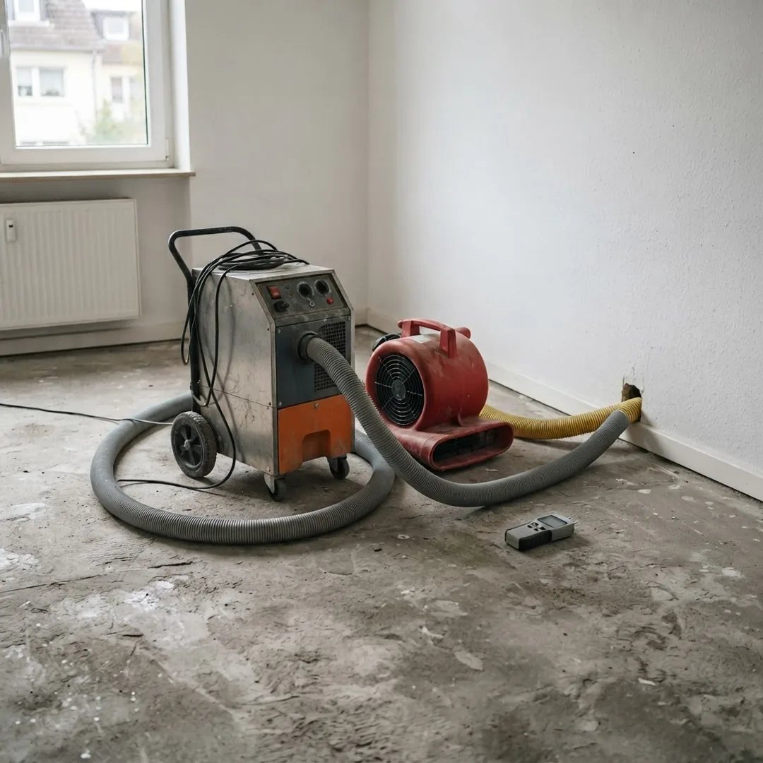 Bautrockner und Luftentfeuchter stehen zur technischen Trocknung in einem leeren Raum in Delmenhorst