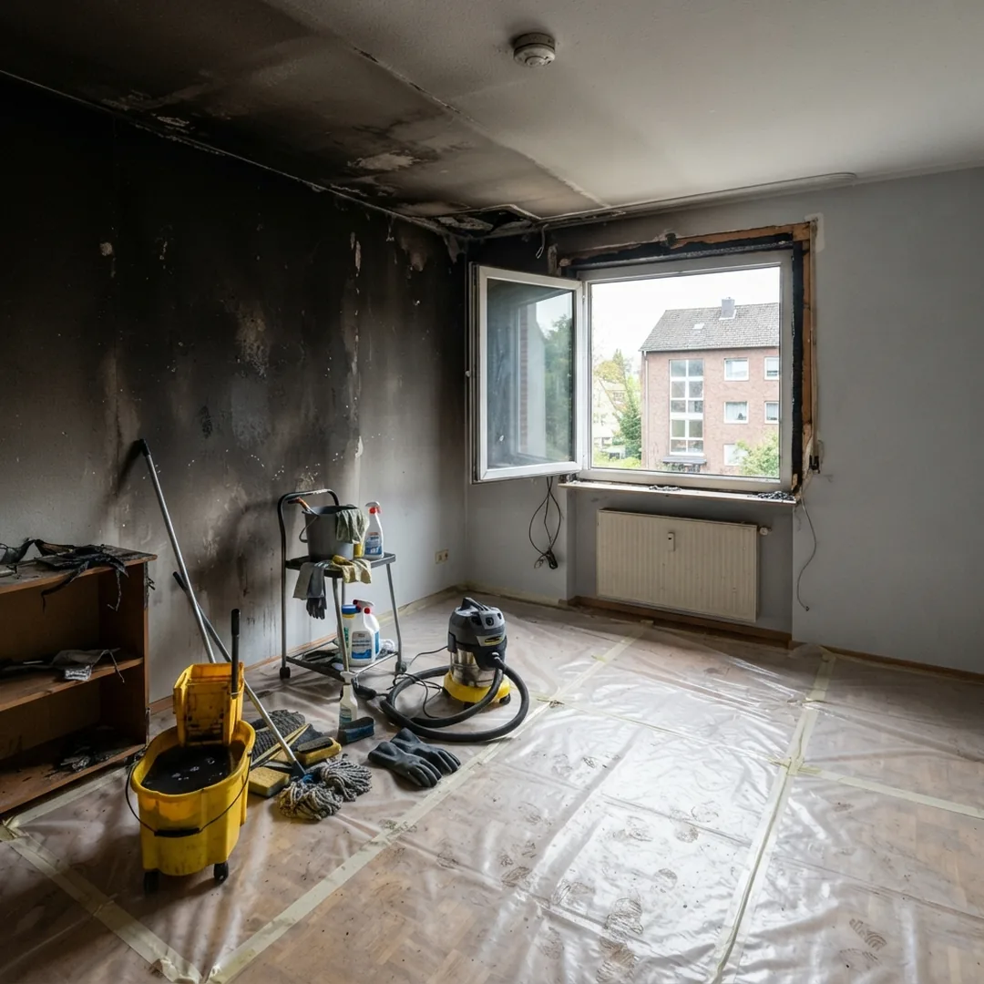 Rußgeschwärzte Wand in einem Wohnraum in Delmenhorst nach einem Brand, der Boden ist mit Folie abgedeckt